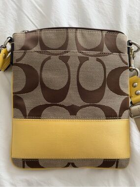 Coach Brown Signature Canvas Crossbody with Yellow Accent
